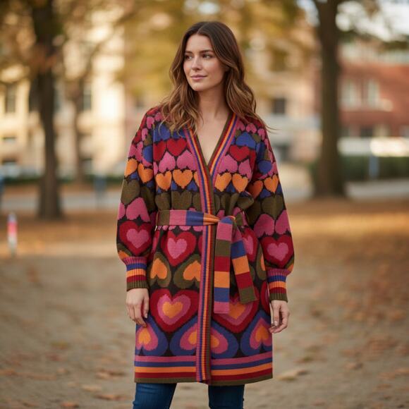 Farm Rio Full of Hearts Belted Midi Cardigan Sweater Size Small - Picture 2 of 11
